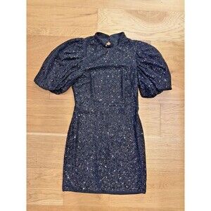 Camila Coelho Cassie Mini Dress Black Sequin Puff Sleeve Open Back Sz Small